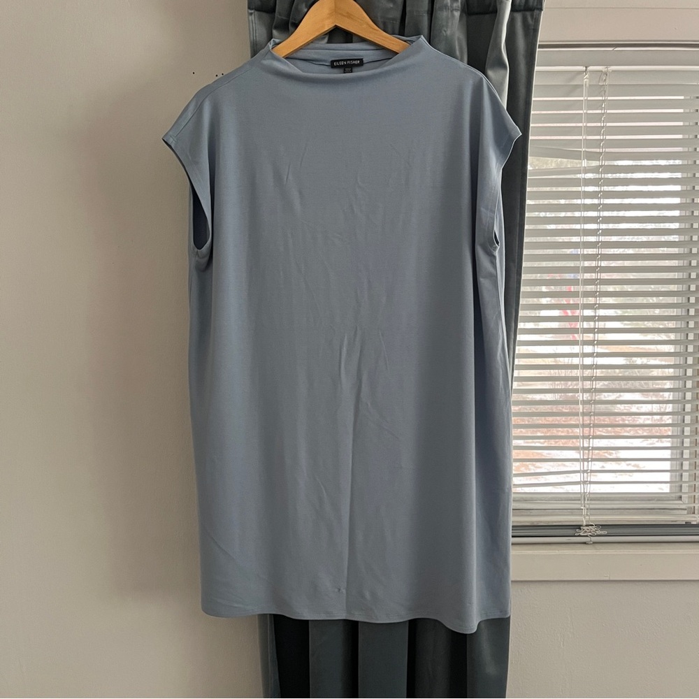 Eileen Fisher Pale Slate Blue Cap Sleeve Collar Neck Tunic Dress (read dscrptn)